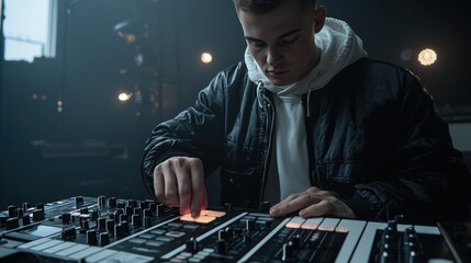 Poster - Dj adjusting glowing filter knob in studio close-up photography dynamic music environment creative perspective electronic music concept