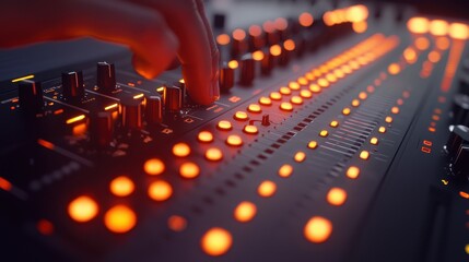 Poster - Dj adjusting glowing eq slider in nightclub setting closeup view electronic music environment for enhanced audio experience