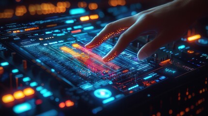 Poster - Dynamic action of a dj's hand pressing play on a futuristic deck in a neon-lit studio environment closeup perspective for enhanced visual impact
