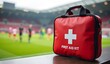 © matrok - Red first aid kit on table at soccer stadium