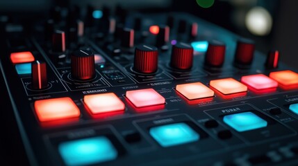 Poster - Dynamic movement of crossfader with radiant indicators in a sound studio close-up perspective electronic music environment