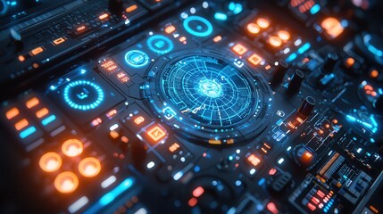 Poster - Futuristic dj console interaction virtual club space digital media capture neon-lit environment close-up perspective holographic technology integration