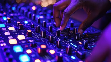 Poster - Dj adjusts eq sliders at music event close-up of sound control nightclub atmosphere dynamic viewpoint for audio experience