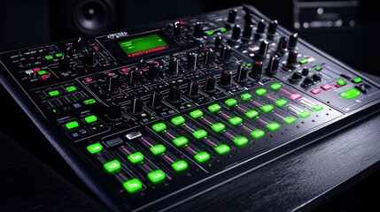 Aufkleber - Captivating close-up of glowing mixer controls studio setting photography night environment eye-level view electronic music concept