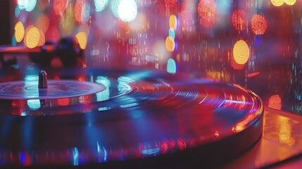 Poster - Captivating spin of a turntable platter in urban neon lights close-up shot music environment artistic viewpoint reflecting vibrant atmosphere