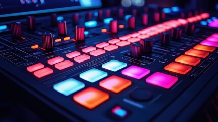 Poster - Electrifying dj performance futuristic studio led pad nightclub close-up glowing technology for enhanced audio experience