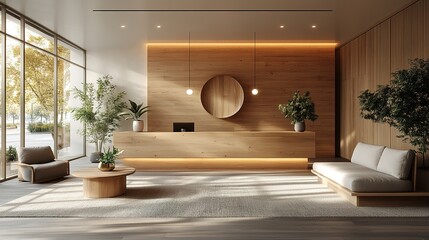 Scandinavian-inspired front desk and waiting area, light wood furniture with minimalist design, clean lines and soft neutral colors