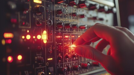 Poster - Adjusting the glowing crossfader slider in a modern studio environment for music production