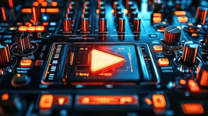 Aufkleber - Illuminated play button interaction futuristic digital standard interface macro photography high-tech environment close-up view glowing concept