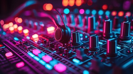 Poster - Macro shot of a headphone jack plugged into a mixer studio setting photography vibrant environment close-up view audio mixing concept