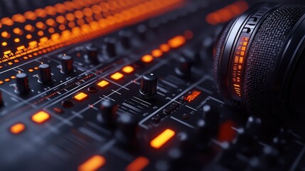 Poster - Connecting sound macro shot of headphone jack plugged into mixer studio setting detailed close-up of audio equipment