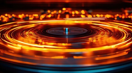 Fototapete - Dynamic macro shot of a spinning turntable platter with laser standard studio setting high-resolution photography vivid colors close-up perspective for enhanced visual impact