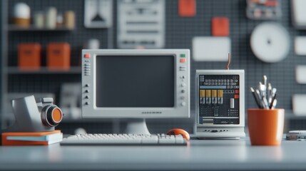 Poster - Retro and Modern Workspace Setup Featuring Vintage Computer, Stylish Desk Organizer, and Creative Accessories in a Contemporary Office Environment