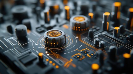 Poster - Abstract Technological Background with Circuit Board Details, Microchips, and Orange Lights Illustrating Digital Innovation and Modern Computing Concepts