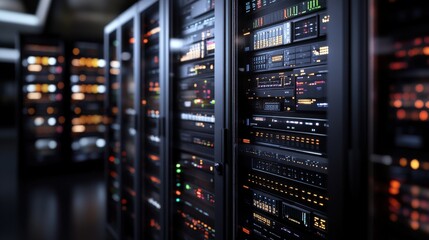 Aufkleber - Close-up View of Modern Server Racks with Colorful Lights and Complex Panels in a Dark Data Center Environment