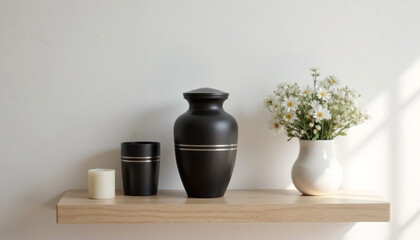 Wall Mural - Decorative urn and candles on wooden shelf against white wall