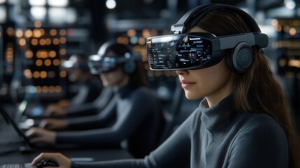Poster - A focused woman using advanced virtual reality goggles in a modern tech environment surrounded by other users delving into immersive digital experiences.