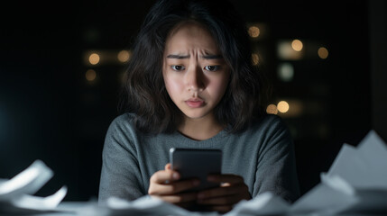 Distressed female executive checking smartphone amid scattered documents in dimly lit corporate workspace late evening