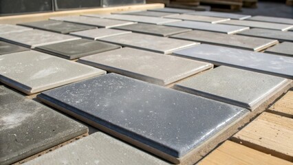 Aufkleber - A batch of rectangular tiles in varying shades of gray some with a matte finish while others reflect light with a subtle gloss. Dust particles hover in the air catching the light