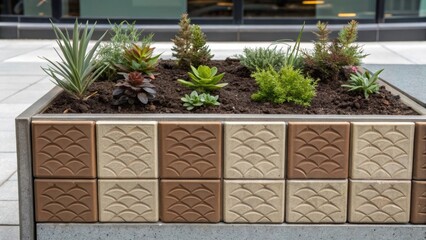 Poster - A close examination of a modular planter box with textured ceramic tiles where each compartment showcases a miniature garden of native plants their roots visible through the soil