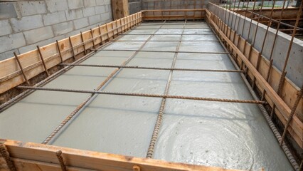 Poster - A closeinterior shot of the formwork filled with freshly poured concrete where the surface is smooth and glistening. Embedded within are strands of rebar that jut out their edges