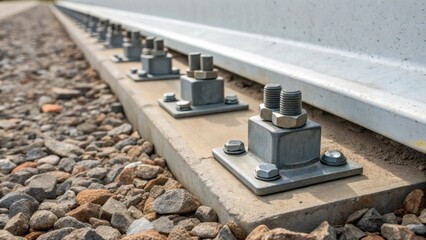 Aufkleber - A closeup captures the industrial connectors and anchoring systems embedded within the base of several precast barriers emphasizing the engineering behind their stability. The
