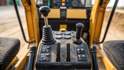 Aufkleber - A closeup focus on the controls of a backhoe loader featuring an array of levers buttons and gauges. The intricate details of the operators seat are visible complete with wear