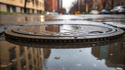 Poster - A closeup image capturing the rim of a utility vault still submerged in a shallow puddle after a light rain. The water reflects the surrounding urban landscape blending reflections