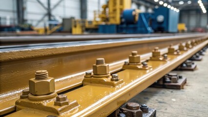 Poster - A closeup of a newly manufactured rail switch glistening with fresh paint with detailed rivets and bolts securing its components against a blurred background of industrial