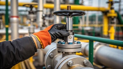 Aufkleber - A closeup of an operators gloved hand adjusting a valve with the focused expression visible on their face surrounded by a chaotic blend of pipes and hoses that s around the asphalt