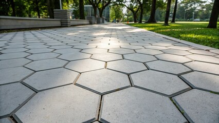 Aufkleber - A closeup of a pattern of hexagonal pavers in a modern plaza featuring clean lines and a minimalist aesthetic. The brightness of the freshly installed stones contrasts against a