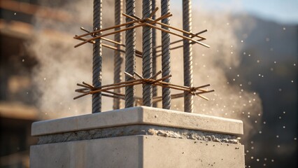 Poster - A closeup of a pillars geometric form reveals intricate reinforcing bars protruding from its core suggesting the preparation for the weight it will eventually support. Dust