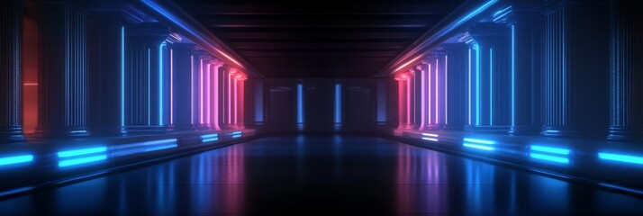 Futuristic neon-lit corridor with symmetrical columns