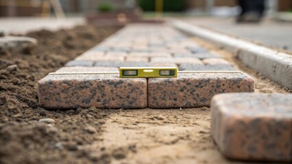 Fototapete - A closeup of a single paving stone being set into place with dirt and gravel around its edges. The stones surface features a unique mottled pattern and a small level rests atop it