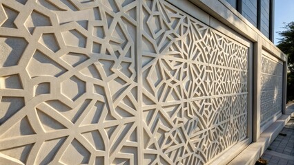 Fototapete - A closeup of a single precast cladding panel displaying intricate geometric patterns embossed on its surface. The shadows cast by the panel create a striking interplay of light