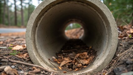 Poster - A closeup of a single large concrete pipe lying on the ground revealing its circular opening filled with debris. Old leaves twigs and damp soil are visible inside hinting at the