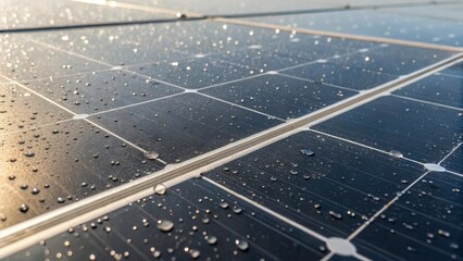Poster - A closeup of a solar panels surface showcasing tiny dust particles and water droplets that capture the light emphasizing the need for maintenance and the dynamic nature of energy