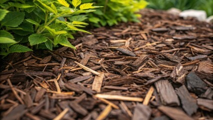 Aufkleber - A closeup of a variety of ecofriendly mulch deep dark wood chips accompanied by natural straw freshly delivered and still fragrant. The textures create a rich layer that promises