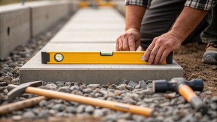 Poster - A closeup of a workers hands as they adjust a level on a foundation pile with tools laid out alongside. The rugged texture of the nearby gravel mixed with dirt highlights the