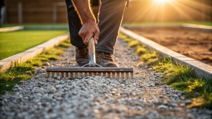Aufkleber - A closeup of a workers hands smoothing out the gravel with a rake the muscles defined and focused. Pieces of grass and small stones dot the path and the sun casts long shadows