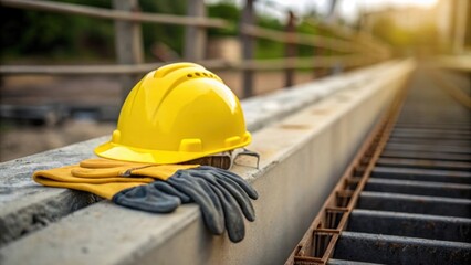 Poster - A closeup of construction gear positioned next to a culvert section with a safety helmet and work gloves resting atop the durable surface. The scene captures a moment of pause