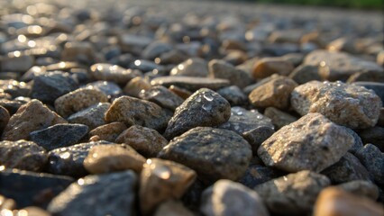 Aufkleber - A closeup of gravel clumps showcasing moisture retention visible as small droplets on the stone surfaces. The interplay of light and shadow accentuates the contours of the stones