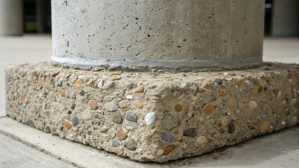 Poster - A closeup of the base of a concrete pillar where it meets the foundation. The concrete shows various aggregates and small stones embedded within it showcasing the raw materials