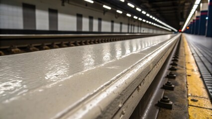 Aufkleber - A closeup of the edge of a subway segment reveals the dimensions of the manufacturing process. The smooth clean contrasts with the surrounding jagged edges as light highlights the