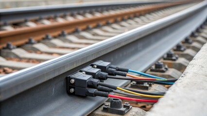 Poster - A closeup of the electrical connectors protruding from the ends of a track segment highlighting the integration of modern technologies into traditional rail infrastructure. Wires