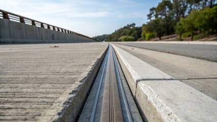 Poster - A closeup of the flange section of a preformed expansion joint where it connects securely to the bridge deck. The metallic fasteners that hold everything in place are prominently
