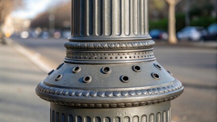 Fototapete - A closeup of the lower third of a streetlight pole reveals intricate details a finely ridged texture and neatly drilled holes for fixtures. The pole is surrounded by the metallic