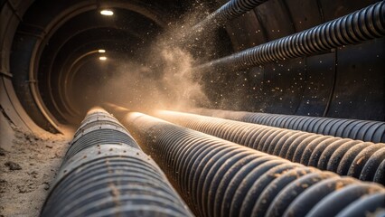 Aufkleber - A closeup of the junction where multiple ducts converge showcasing the precision bends and joins with dust particles illuminated in the air emphasizing the life and movement within