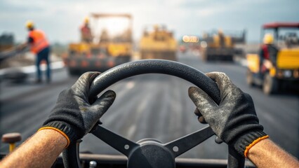 Poster - A closeup of the operators hands gloved and stained with asphalt gripping the steering wheel of the paving machine with the blurred backdrop of the construction zone highlighting