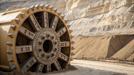 Poster - A closeup of the ting head of a tunnel boring machine reveals sharp heavyduty blades designed for grinding through rock and soil. In the background layers of sediment and soil are